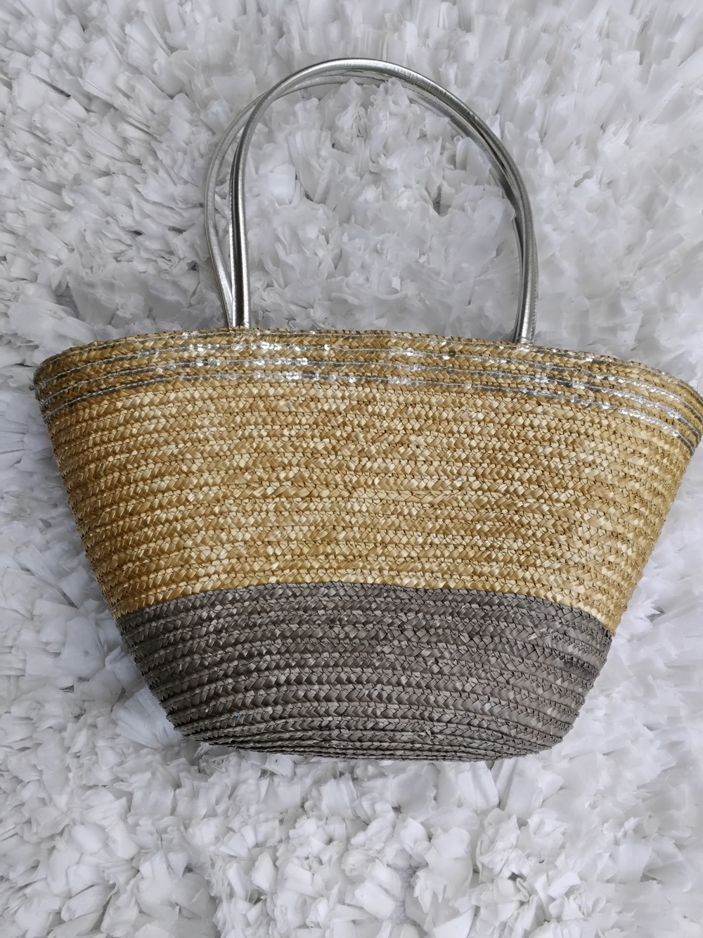 Woven Two-Tone Straw Tote Bag in Natural and Gray